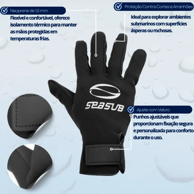 LUVA SEASUB, neoprene 1,5mm Reforço AMARA - Imagem 2