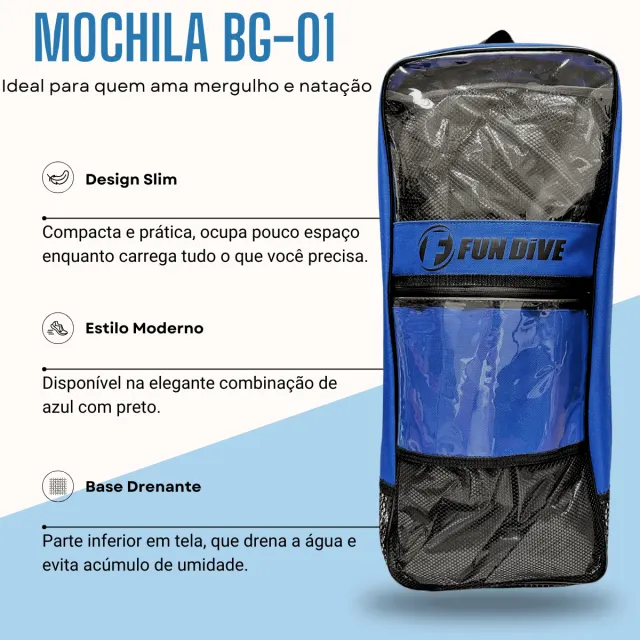 Mochila Drenante Slim Fun Dive BG-01 para Mergulho e Natação — Azul/Preto - Imagem 2