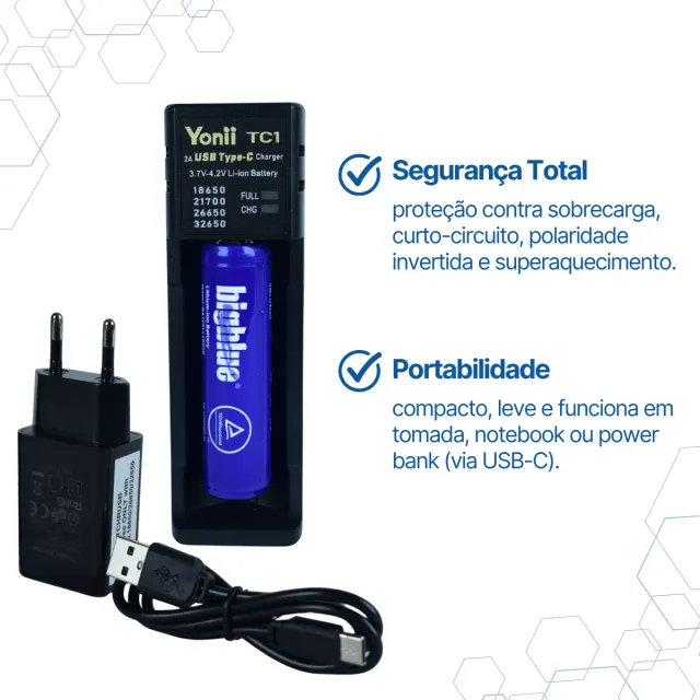 KIT BATCHRUSB CARREGADOR YONII TC1 2A USB-C BATERIA 18650 - Imagem 4