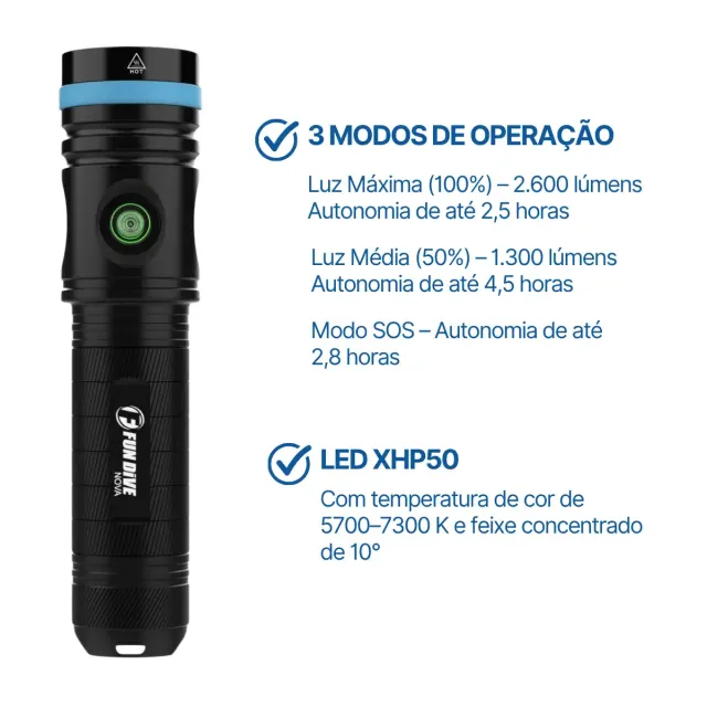 Lanterna de Mergulho Fun Dive NOVA 2600 Recarregável · 2600 Lúmens, IPX8 100m, LED XHP50 - Imagem 3