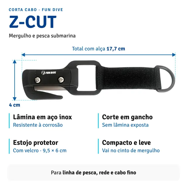 Corta Cabo Z-Cut Fun Dive - Formato em Gancho com Lâmina de Aço Inox e Protetor - Imagem 6
