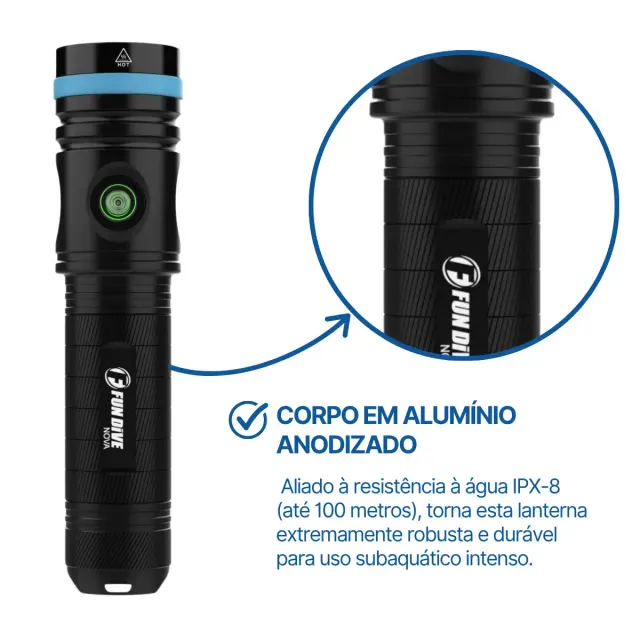 Lanterna de Mergulho Fun Dive NOVA 2600 Recarregável · 2600 Lúmens, IPX8 100m, LED XHP50 - Imagem 5