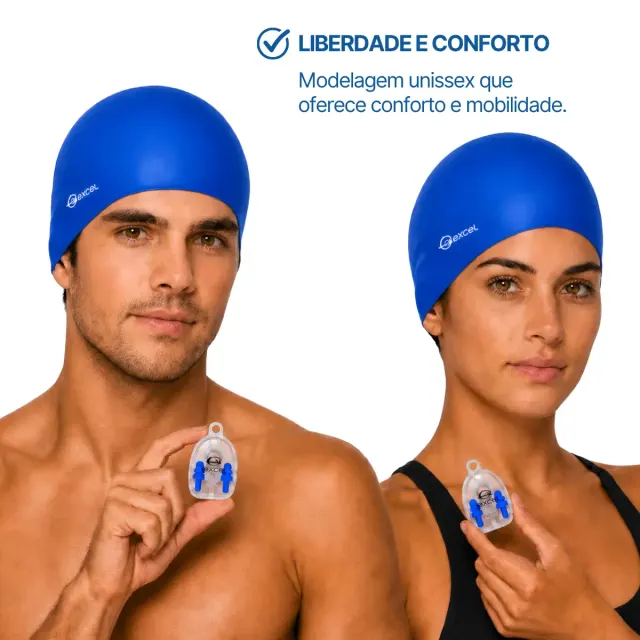 Kit Touca de Natação SC-01 com Protetor de Ouvido e Nariz Excel | Silicone para Piscina - Imagem 18