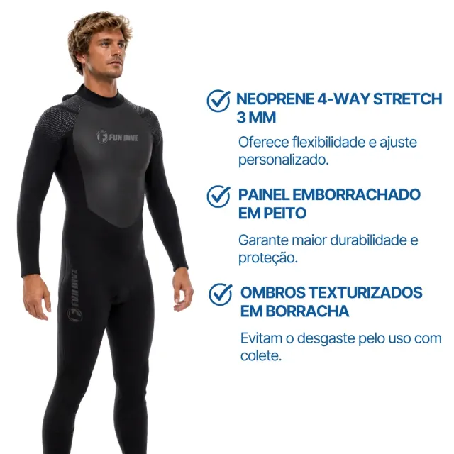 Long John Neoprene 3mm Fun Dive Wailea 4-Way Stretch Unissex - Imagem 3