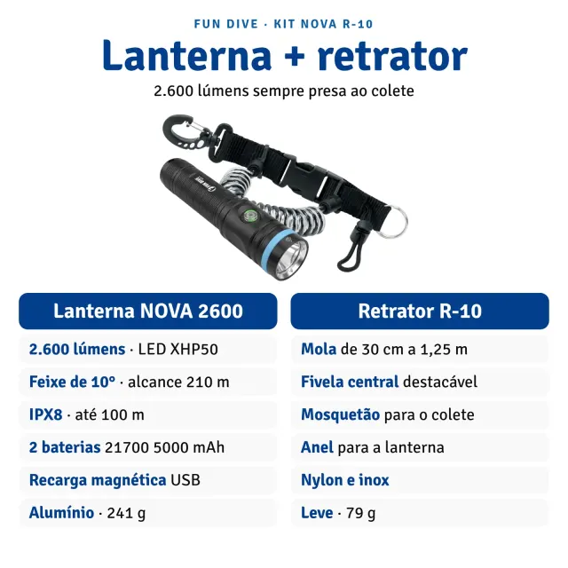 Kit Lanterna de Mergulho Fun Dive NOVA 2600 Lúmens com Retrator com Mola R-10 - Imagem 5