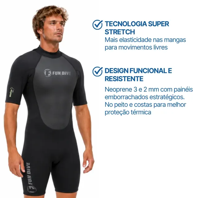 Roupa de Neoprene Shorty 3mm Fun Dive Wailea — Manga Curta, Zíper nas Costas - Imagem 3