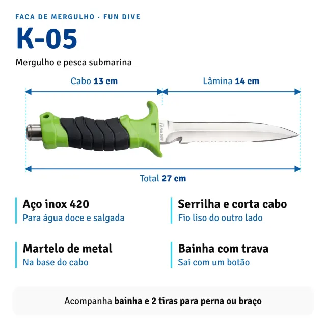 Faca de Mergulho Fun Dive K-05 Inox 14cm com Martelo, Corta Cabo e Bainha - Imagem 5