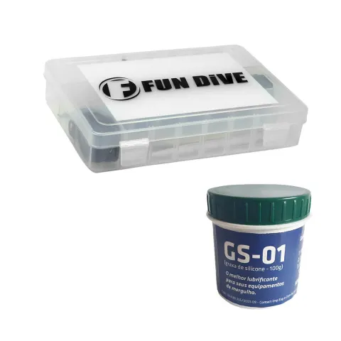 Kit Manutenção Mergulho Fun Dive · Caixa O-Ring 17 Tamanhos, 235 Peças e Graxa Siliconada 100g