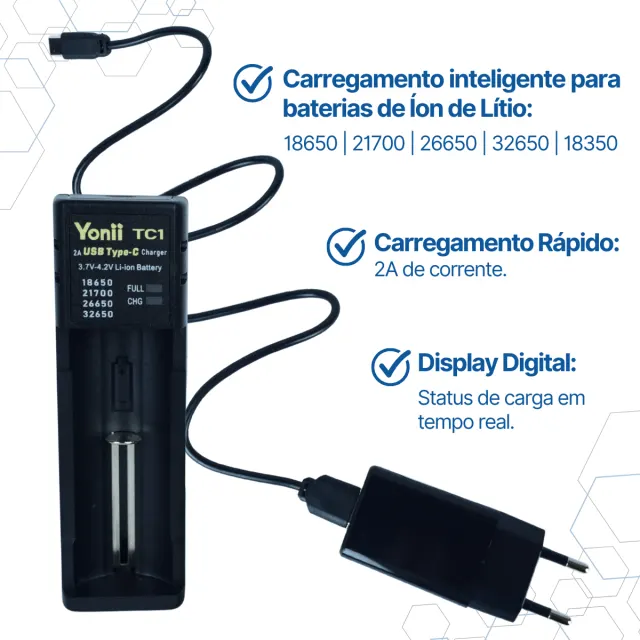 KIT BATCHRUSB CARREGADOR YONII TC1 2A USB-C BATERIA 18650 - Imagem 3
