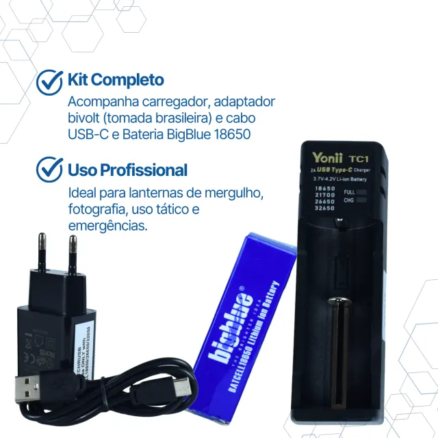 KIT BATCHRUSB CARREGADOR YONII TC1 2A USB-C BATERIA 18650 - Imagem 5