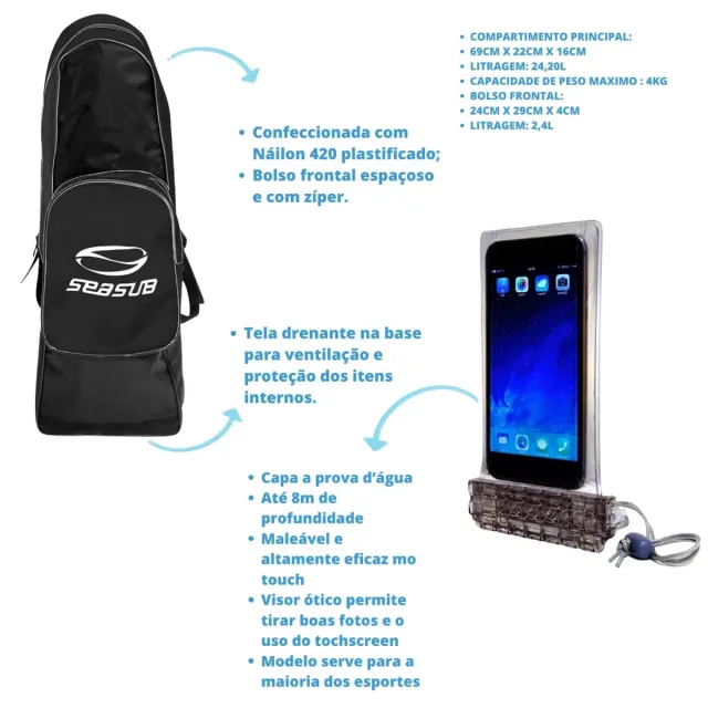 Kit Completo de Mergulho com Máscara, Snorkel, Mochila e Capinha Estanque - Imagem 2
