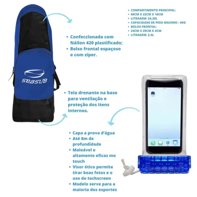 Kit Completo de Mergulho com Máscara, Snorkel, Mochila e Capinha Estanque - Imagem 18