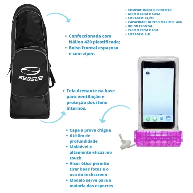 Kit Completo de Mergulho com Máscara, Snorkel, Mochila e Capinha Estanque - Imagem 14