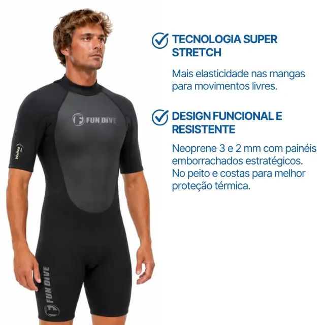 Roupa de Neoprene Shorty 3mm Fun Dive Wailea — Manga Curta, Zíper nas Costas - Imagem 2