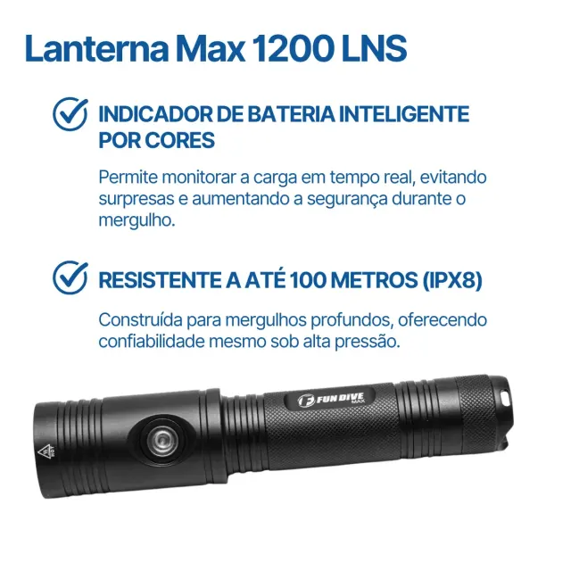 Lanterna de Mergulho Fun Dive MAX 1200 Lumens · Recarregável, IPX8 e Alcance de 276m - Imagem 2