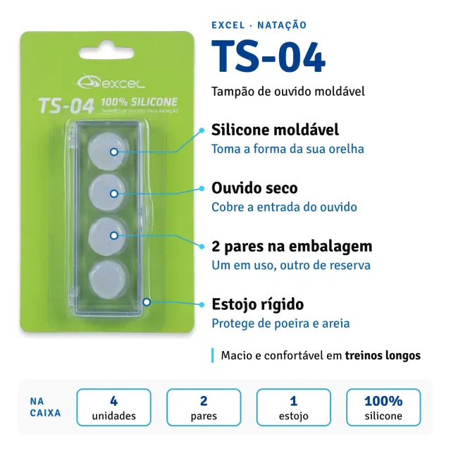 Tampão de Ouvido para Natação Excel TS-04 em Silicone Moldável com Estojo - Imagem 5