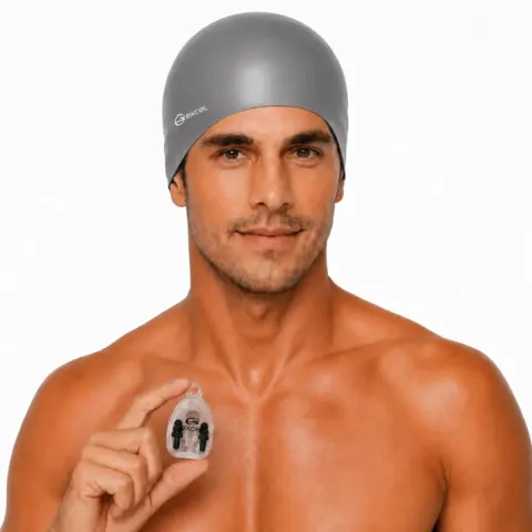 Kit Touca de Natação SC-01 com Protetor de Ouvido e Nariz Excel | Silicone para Piscina