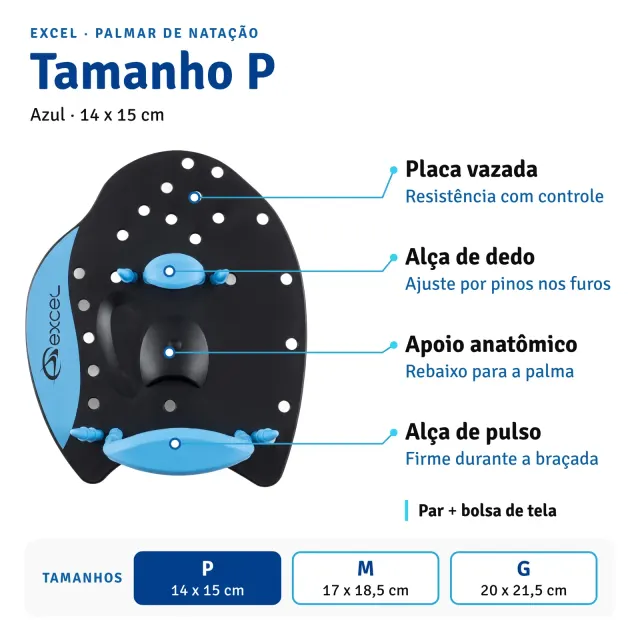 Palmar de Natação Excel Ajustável com Alças de Silicone e Bolsa de Tela - Imagem 6