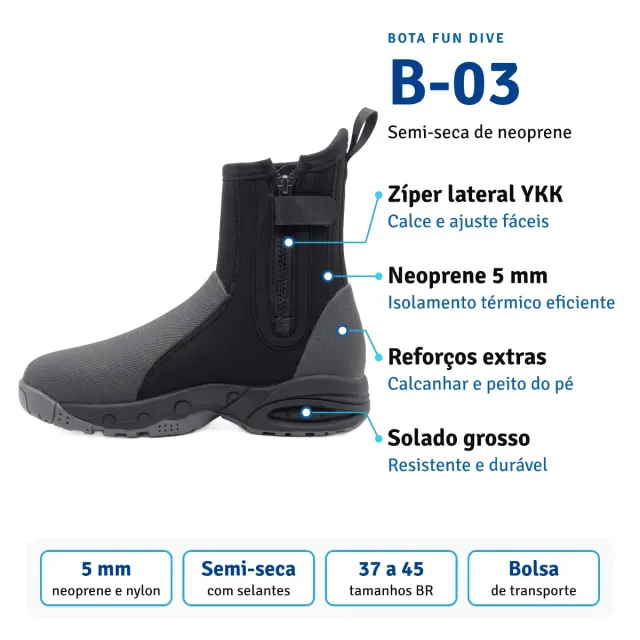 Bota de Neoprene Semi-Seca 5mm para Mergulho Fun Dive B-03 Zíper YKK - Imagem 5
