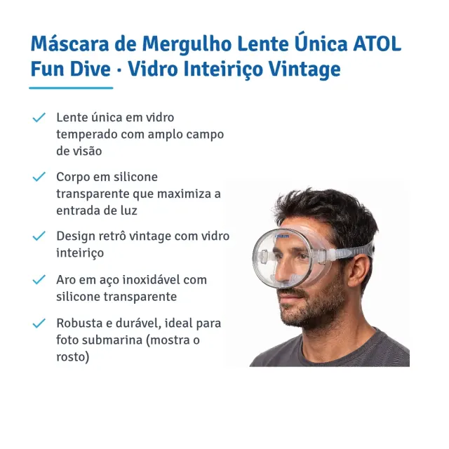 Máscara de Mergulho Lente Única ATOL Fun Dive · Vidro Inteiriço Vintage - Imagem 7
