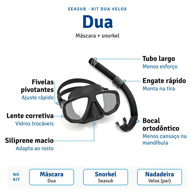 Kit de Mergulho Dua Velox Seasub — Máscara, Snorkel e Nadadeira Fechada - Imagem 4
