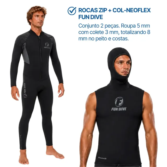 Kit Roupa de Mergulho Fun Dive Rocas Zip 5mm com Colete e Capuz - Imagem 2
