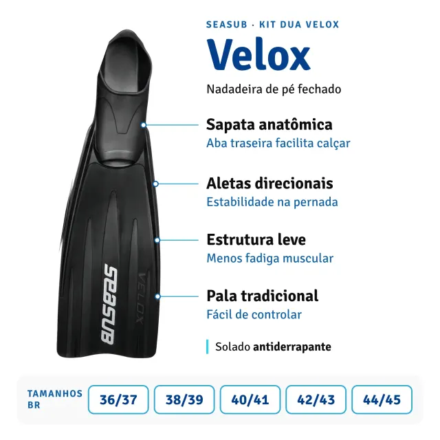 Kit de Mergulho Dua Velox Seasub — Máscara, Snorkel e Nadadeira Fechada - Imagem 5